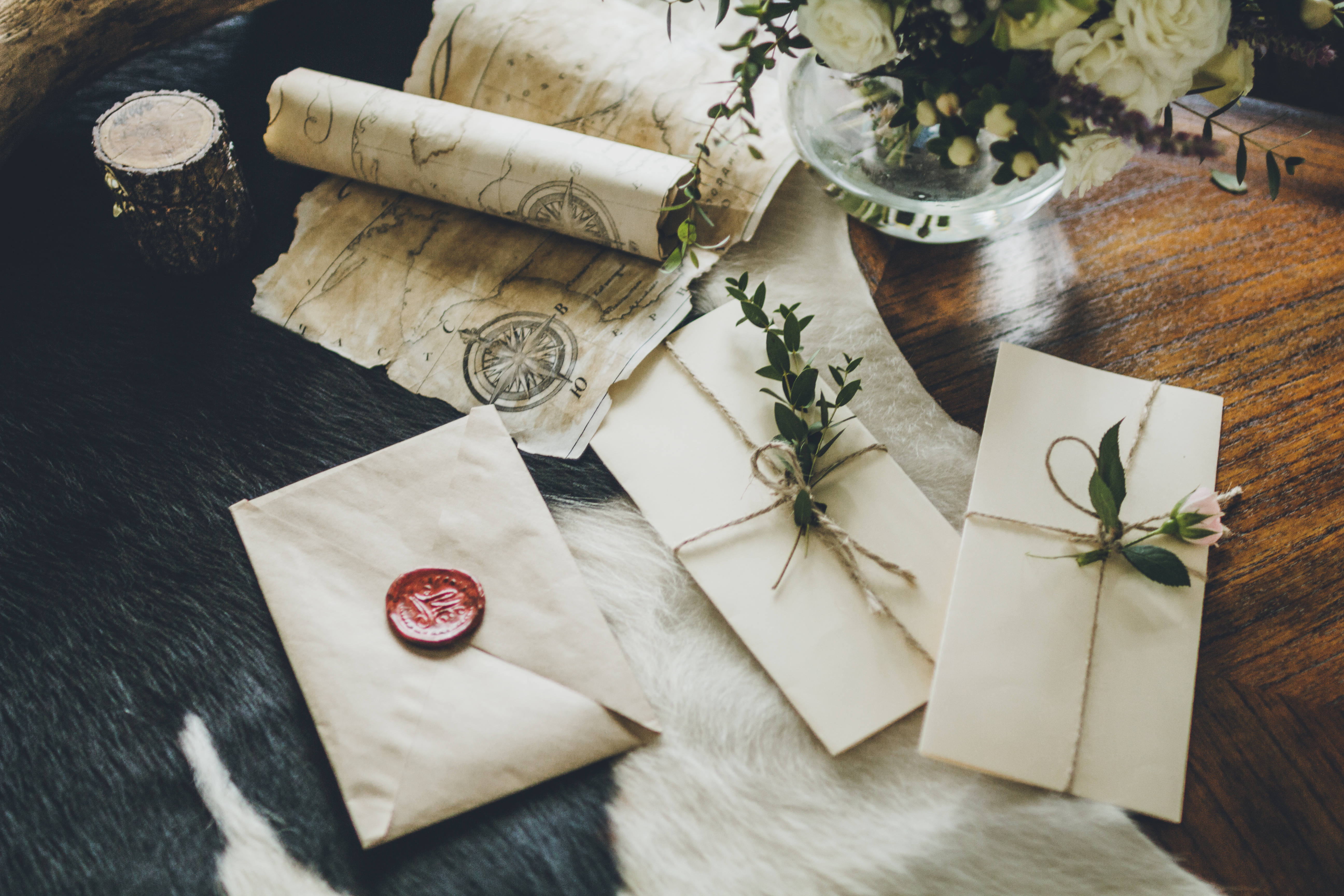 Vintage maps and letters sealed with red wax