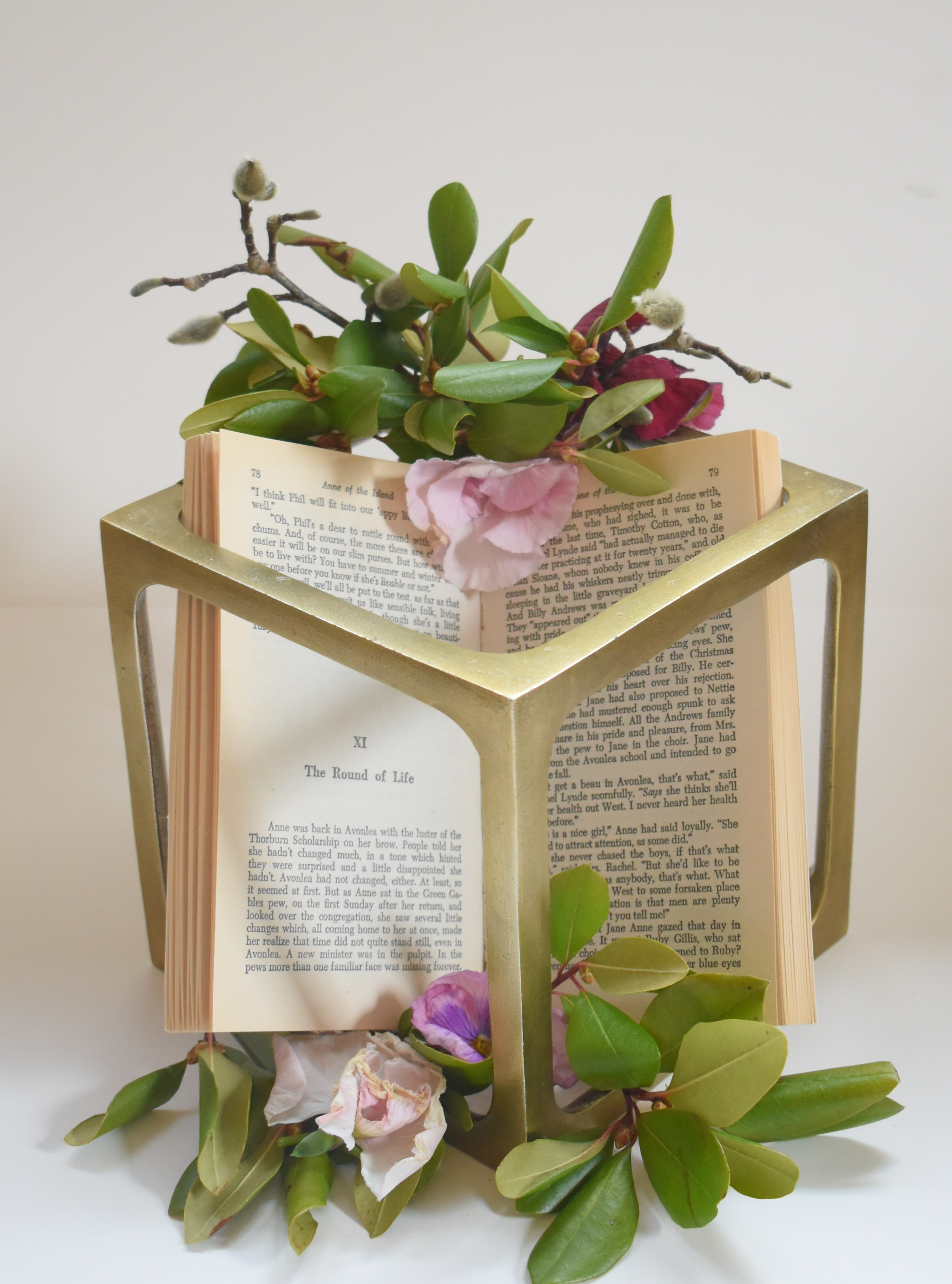 open book with greenery and florals in gold square open box